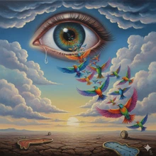 A surrealist painting of a large, realistic eye in a cloudy sky.