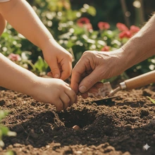 A close-up shot of an older person's wrinkled hands and a child's small hands planting a seed.