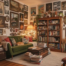 A cozy, maximalist living room with a green sofa.