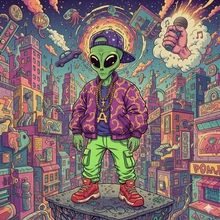 A colorful, detailed pop-surrealist illustration of a green alien wearing a purple jacket.