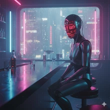 A cyberpunk scene of a sleek, black humanoid robot.