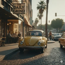 A warm, grainy, retro-style photograph of a yellow vintage Volkswagen Beetle.