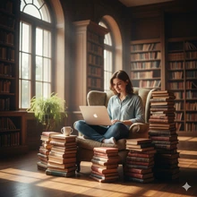 A young writer sits comfortably in an armchair in a sunlit library.
